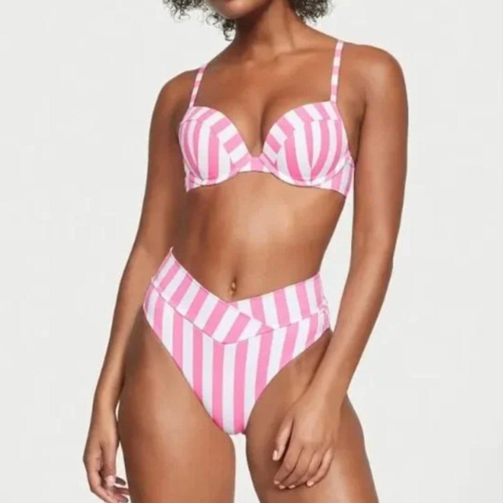 2 Pc Swim Set Sexy Tee Push-Up 34B Top & Small Bikini Classic Pink Cabana Stripe